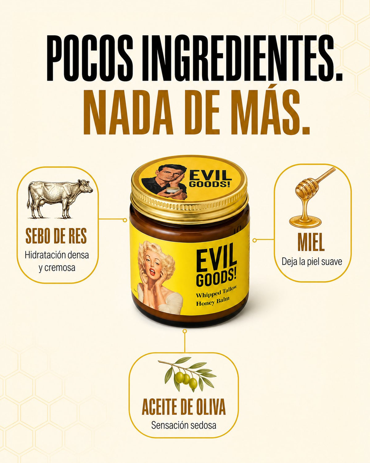 Ingredientes: sebo de res, miel y aceite de oliva